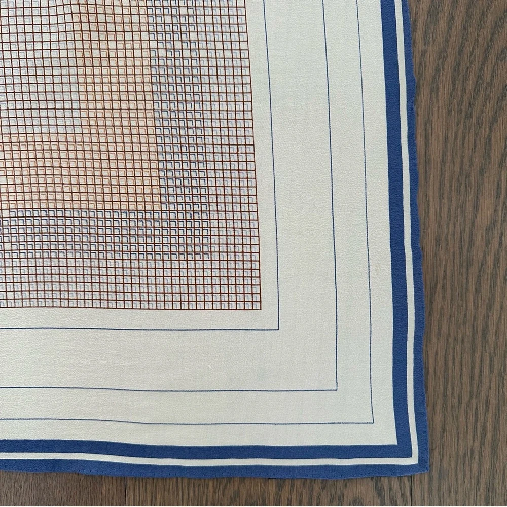 Vintage Anthro 100% Silk Crepe Scarf Grid Print Cream, Rust, Blue 34